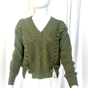 ULTRA FLIRT Women’s Olive Cropped Cable Knit Sweater with Braid/Tie Detail - MED